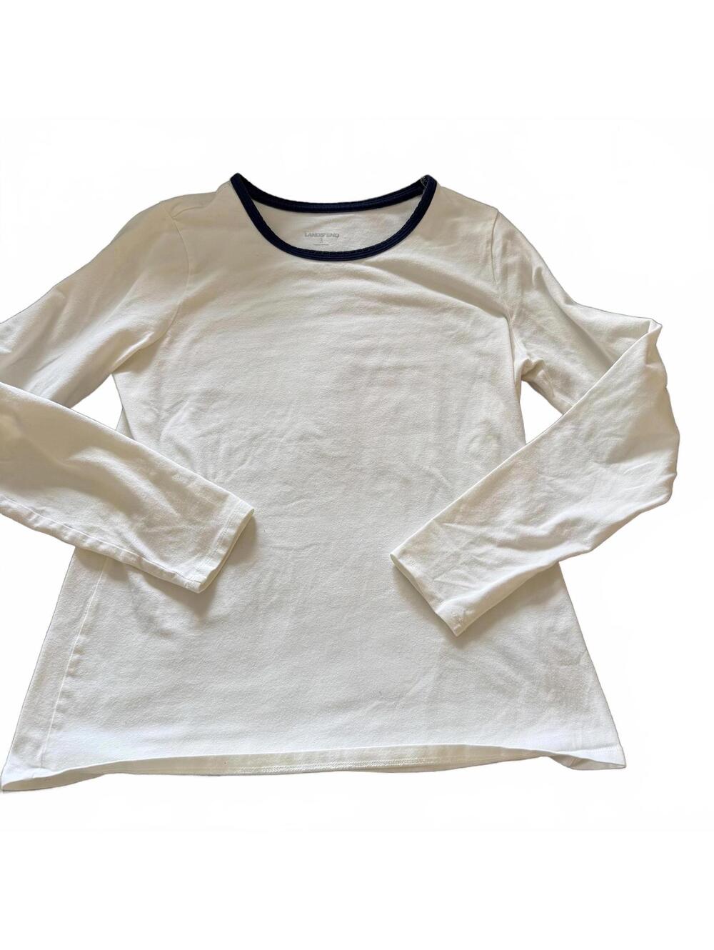 Lands' End Womens SZ S White Long Sleeve Tee - Blue collar trim Nautical Preppy